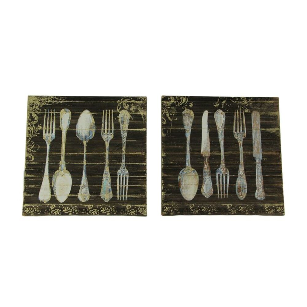 Vintage Finish Wood Look Antique Silverware Canvas Wall Prints 2 Piece Set